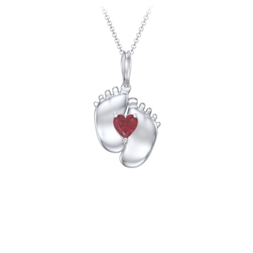 Engravable Baby Feet Birthstone Pendant – Sterling Silver with Ruby