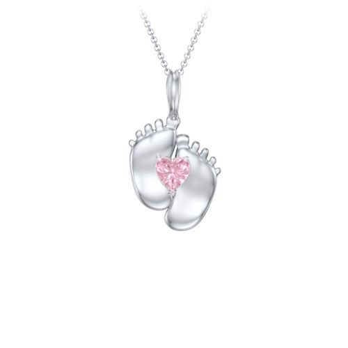 Engravable Baby Feet Birthstone Pendant – Sterling Silver with Pink Tourmaline