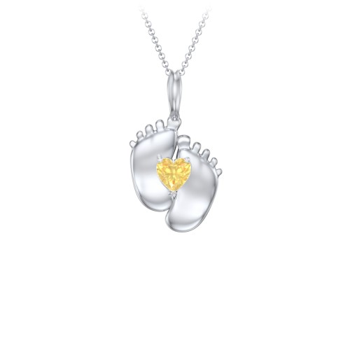 Engravable Baby Feet Birthstone Pendant – Sterling Silver with Citrine