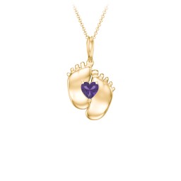Engravable Baby Feet Birthstone Pendant in 10K Solid Yellow Gold with Amethyst