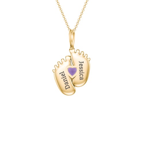 Engravable Baby Feet Birthstone Pendant – 10K Yellow Gold with Amethyst