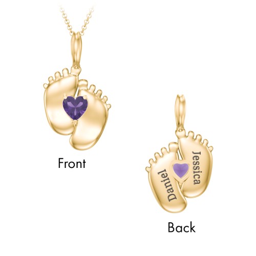Engravable Baby Feet Birthstone Pendant – 10K Yellow Gold with Amethyst