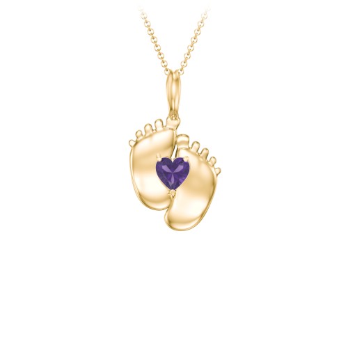 Engravable Baby Feet Birthstone Pendant – 10K Yellow Gold with Amethyst