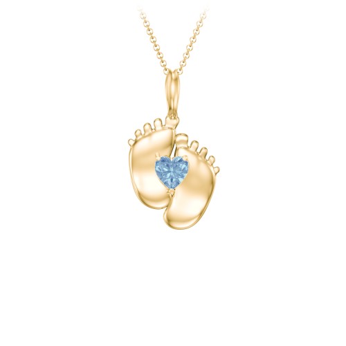 Engravable Baby Feet Birthstone Pendant – 10K Yellow Gold with Blue Topaz