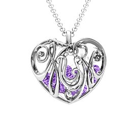 Graceful Mum Heart Cage Pendant With 2-8 Birthstones in 925 Sterling Silver with Amethyst, Emerald, Ruby, and Cubic Zirconia