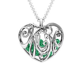 Graceful Mum Heart Cage Pendant With 2-8 Birthstones in 925 Sterling Silver with Emerald, Ruby, and Cubic Zirconia