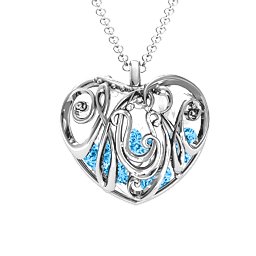 Graceful Mum Heart Cage Pendant With 2-8 Birthstones in 925 Sterling Silver