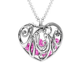 Graceful Mum Heart Cage Pendant With 2-8 Birthstones in 925 Sterling Silver with Pink Tourmaline, Emerald, Ruby, and Cubic Zirconia