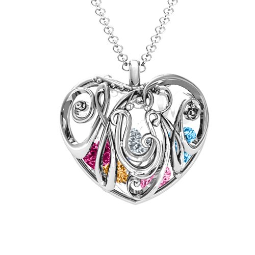 Graceful Mum Heart Cage Pendant With 2-8 Birthstones – Sterling Silver with Citrine, Pink Tourmaline, Blue Topaz, Ruby, and Cubic Zirconia