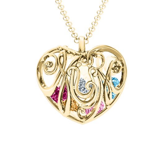 Graceful Mum Heart Cage Pendant With 2-8 Birthstones – 10K Yellow Gold with Citrine, Pink Tourmaline, Blue Topaz, Ruby, and Cubic Zirconia