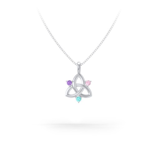 Three Stone Classic Celtic Trinity Knot Pendant – Sterling Silver with Amethyst, Pink Tourmaline, and Mint Premium Zirconia