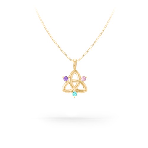 Three Stone Classic Celtic Trinity Knot Pendant – 10K Yellow Gold with Amethyst, Pink Tourmaline, and Mint Premium Zirconia
