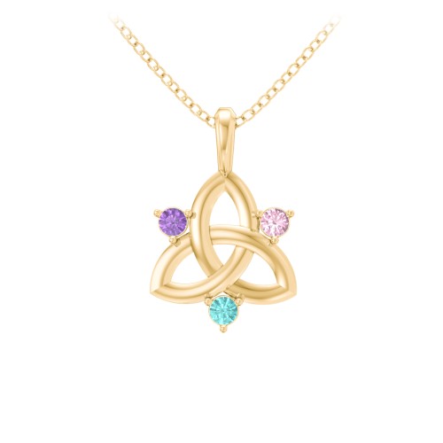 Three Stone Classic Celtic Trinity Knot Pendant – 10K Yellow Gold with Amethyst, Pink Tourmaline, and Mint Premium Zirconia