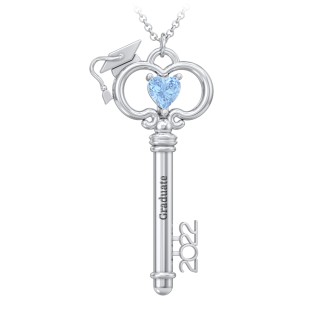 14k White Gold 2022 Graduation Key Pendant With Blue Topaz Simulated Stone Jewlr Aquamarine Graduation Pendant 2022