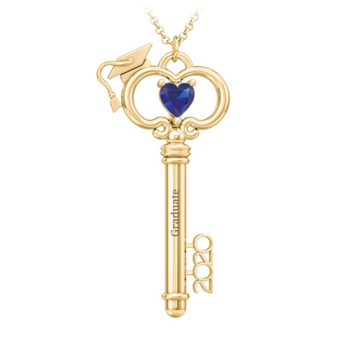 Graduation Key Pendant – 18K Gold Plated Silver with Blue Sapphire