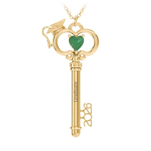 Graduation Key Pendant – 18K Gold Plated Silver with Emerald