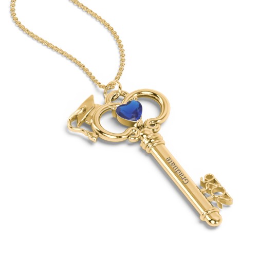 Graduation Key Pendant – 18K Gold Plated Silver with Blue Sapphire