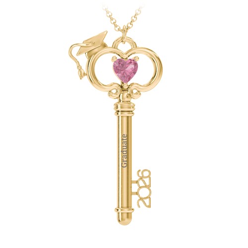 Graduation Key Pendant – 18K Gold Plated Silver with Pink Tourmaline