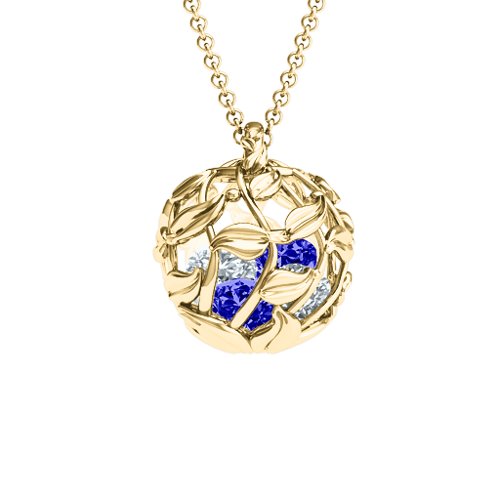 Luscious Leaf Cage Pendant – 10K Yellow Gold with Blue Sapphire and Cubic Zirconia