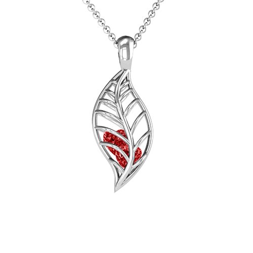 Mini Encourage-Mint Cage Leaf Pendant – Sterling Silver with Garnet