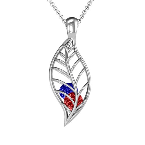 Encourage-Mint Cage Leaf Pendant – Sterling Silver with Garnet and Blue Sapphire