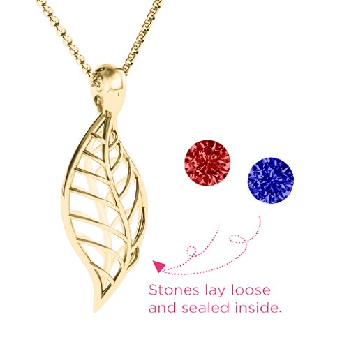Encourage-Mint Cage Leaf Pendant – 10K Yellow Gold with Garnet and Blue Sapphire