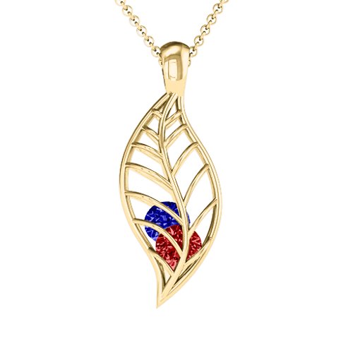 Encourage-Mint Cage Leaf Pendant – 10K Yellow Gold with Garnet and Blue Sapphire