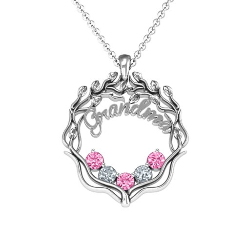 Grandma's Love Family Tree Pendant – Sterling Silver with Pink Tourmaline and Cubic Zirconia