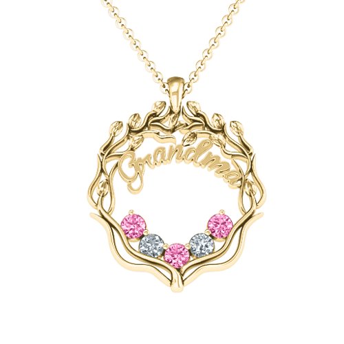 Grandma's Love Family Tree Pendant – 10K Yellow Gold with Pink Tourmaline and Cubic Zirconia