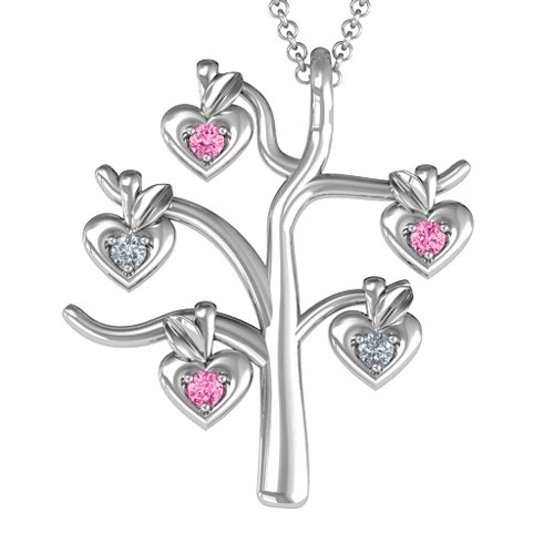 Tree Of Hearts 5-Stone Family Tree Necklace – Sterling Silver with Pink Tourmaline and Cubic Zirconia