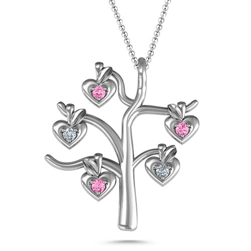 Tree Of Hearts 5-Stone Family Tree Necklace – Sterling Silver with Pink Tourmaline and Cubic Zirconia