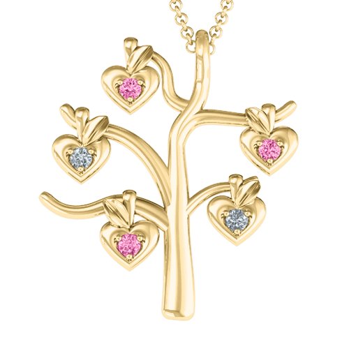 Tree Of Hearts 5-Stone Family Tree Necklace – 10K Yellow Gold with Pink Tourmaline and Cubic Zirconia