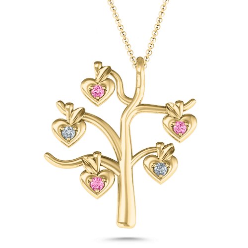 Tree Of Hearts 5-Stone Family Tree Necklace – 10K Yellow Gold with Pink Tourmaline and Cubic Zirconia