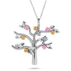 Family Forever 10-Stone Family Tree Necklace – Sterling Silver with Pink Tourmaline, Citrine, and Cubic Zirconia