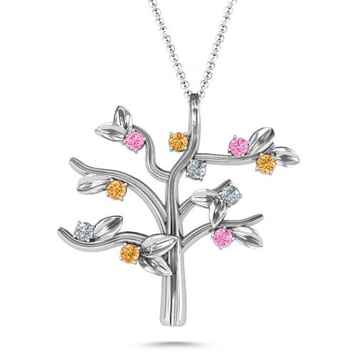 Family Forever 10-Stone Family Tree Necklace – Sterling Silver with Pink Tourmaline, Citrine, and Cubic Zirconia
