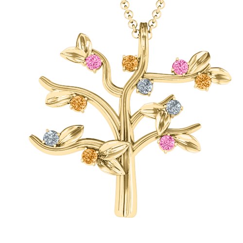 Family Forever 10-Stone Family Tree Necklace – 10K Yellow Gold with Pink Tourmaline, Citrine, and Cubic Zirconia