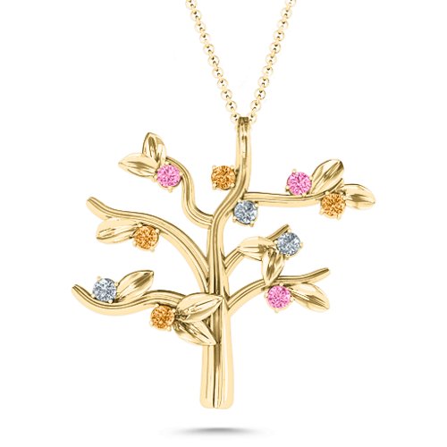 Family Forever 10-Stone Family Tree Necklace – 10K Yellow Gold with Pink Tourmaline, Citrine, and Cubic Zirconia
