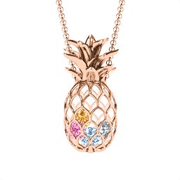 Pineapple Cage Necklace in 10K Solid Rose Gold with Aquamarine, Pink Tourmaline, Cubic Zirconia, Citrine, Blue Sapphire, and Emerald