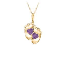 Engravable Baby Feet Two Stone Pendant in 10K Solid Yellow Gold with Amethyst