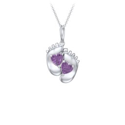 Engravable Baby Feet Two Stone Pendant in 925 Sterling Silver with Amethyst