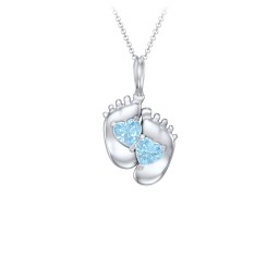 Engravable Baby Feet Two Stone Pendant in 925 Sterling Silver with Blue Topaz