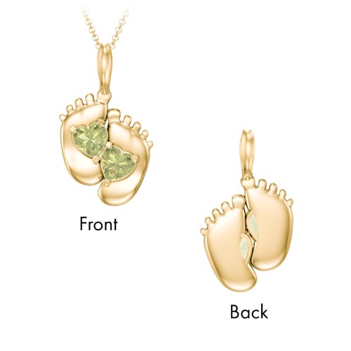 Engravable Baby Feet Two Stone Pendant – 10K Yellow Gold with Peridot