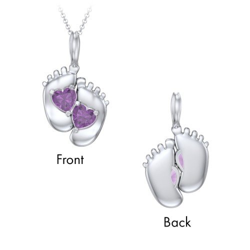 Engravable Baby Feet Two Stone Pendant – Sterling Silver with Amethyst