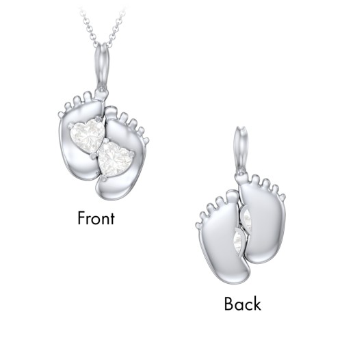 Engravable Baby Feet Two Stone Pendant – Sterling Silver with Diamond