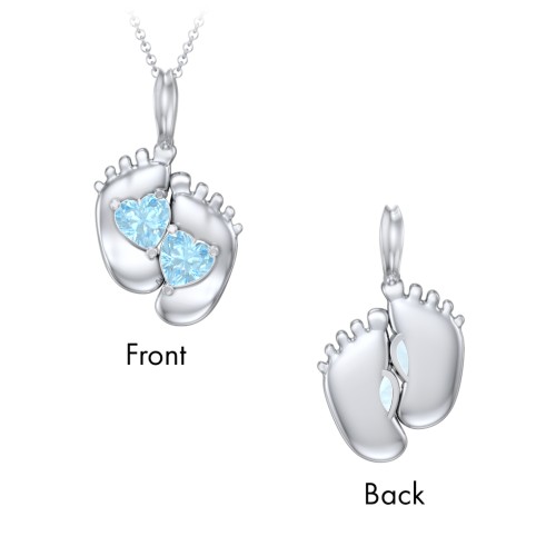 Engravable Baby Feet Two Stone Pendant – Sterling Silver with Blue Topaz