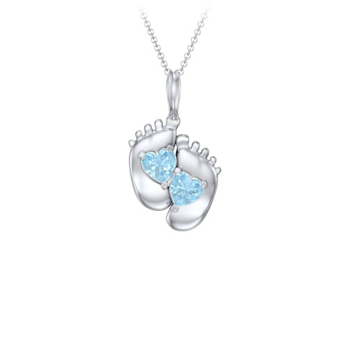 Engravable Baby Feet Two Stone Pendant – Sterling Silver with Blue Topaz