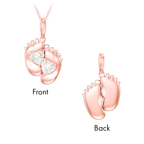 Engravable Baby Feet Two Stone Pendant – 10K Rose Gold with Cubic Zirconia