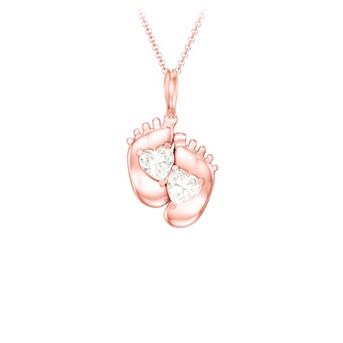 Engravable Baby Feet Two Stone Pendant – 10K Rose Gold with Cubic Zirconia