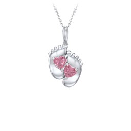 Engravable Baby Feet Two Stone Pendant in 925 Sterling Silver with Pink Tourmaline