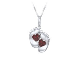 Engravable Baby Feet Two Stone Pendant in 925 Sterling Silver with Garnet